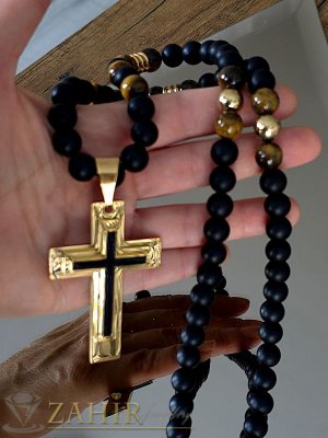 Трипластов позлатен стоманен кръст 7 на 5 см  на колие в 3 дължини с черен оникс мат и тигрово око 10 мм  - MK1532